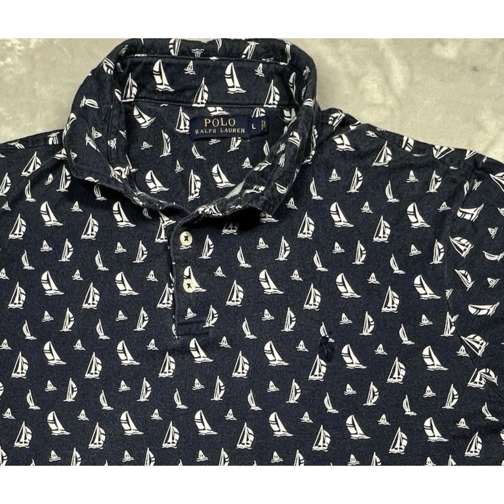 Polo Ralph Lauren Polo Shirt Mens L Blue Sailboat Print Cotton Short Sleeve